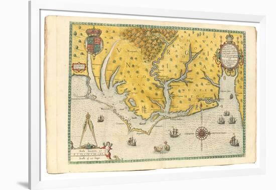 Map of Virginia Showing the Arrival of Sir Walter Raleigh's Expedition in 1585, 1590-John White-Framed Giclee Print