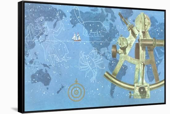 Map of World, Sextant, Constellations-null-Framed Stretched Canvas