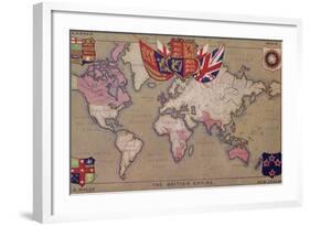 Map Showing the British Empire with Flags and Coats of Arms-null-Framed Giclee Print