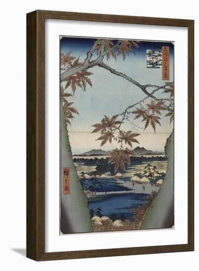 Maple Leaves and the Tekona Shrine, and the Bridge at Mama, from the Series 'One Hundred Views of…-Ando Hiroshige-Framed Giclee Print