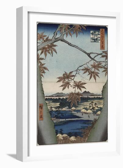 Maple Leaves and the Tekona Shrine, and the Bridge at Mama, from the Series 'One Hundred Views of…-Ando Hiroshige-Framed Giclee Print