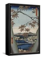 Maple Leaves and the Tekona Shrine, and the Bridge at Mama, from the Series 'One Hundred Views of…-Ando Hiroshige-Framed Stretched Canvas