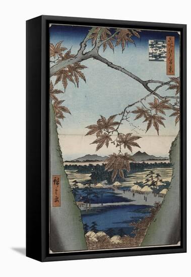 Maple Leaves and the Tekona Shrine, and the Bridge at Mama, from the Series 'One Hundred Views of…-Ando Hiroshige-Framed Stretched Canvas
