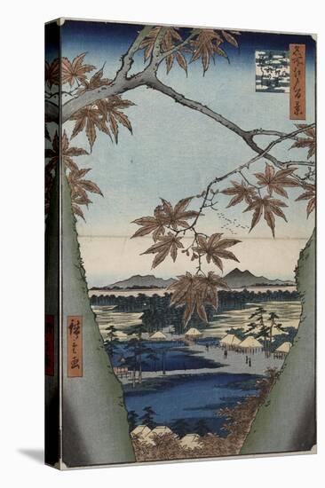 Maple Leaves and the Tekona Shrine, and the Bridge at Mama, from the Series 'One Hundred Views of…-Ando Hiroshige-Stretched Canvas