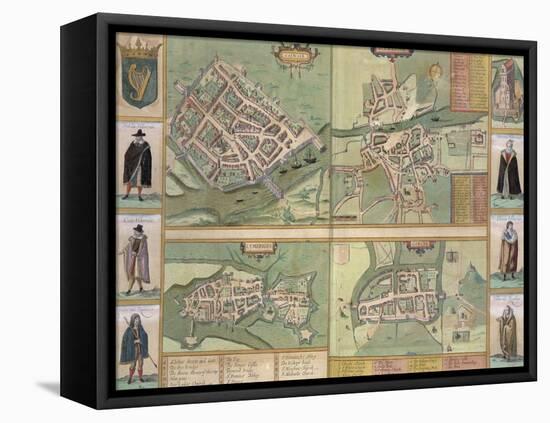 Maps of Galway, Dublin, Limerick, and Cork, in Civitates Orbis Terrarum by Braun and Hogenberg-Joris Hoefnagel-Framed Stretched Canvas