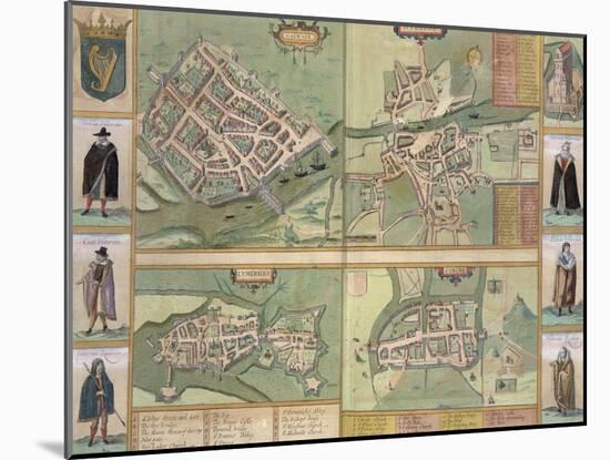 Maps of Galway, Dublin, Limerick, and Cork, in Civitates Orbis Terrarum by Braun and Hogenberg-Joris Hoefnagel-Mounted Giclee Print