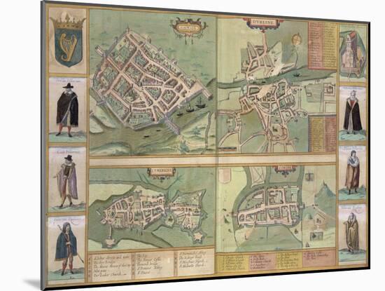 Maps of Galway, Dublin, Limerick, and Cork, in Civitates Orbis Terrarum by Braun and Hogenberg-Joris Hoefnagel-Mounted Giclee Print