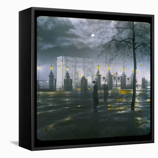 Marble Arch by Night - a Figure Standing in Front of the Park Gates-null-Framed Stretched Canvas