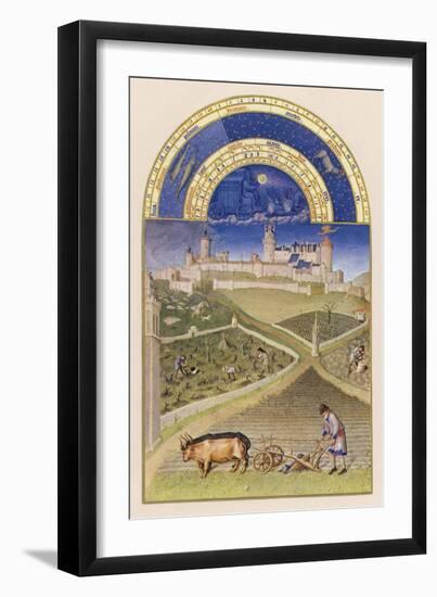March Plowing and Tending Vines Near the Chateau De Lusignan-Pol De Limbourg-Framed Art Print