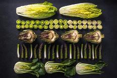 Green Vegetables Cut in Halves, Flat Lay Design on Dark Background, Symmetric-Marcin Jucha-Photographic Print