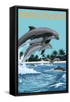 Marco Island - Dolphins Jumping-Lantern Press-Framed Stretched Canvas