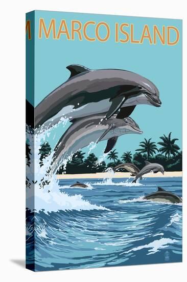 Marco Island - Dolphins Jumping-Lantern Press-Stretched Canvas