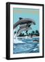 Marco Island - Dolphins Jumping-Lantern Press-Framed Art Print