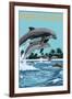 Marco Island - Dolphins Jumping-Lantern Press-Framed Art Print