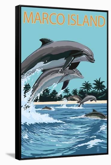 Marco Island - Dolphins Jumping-Lantern Press-Framed Stretched Canvas