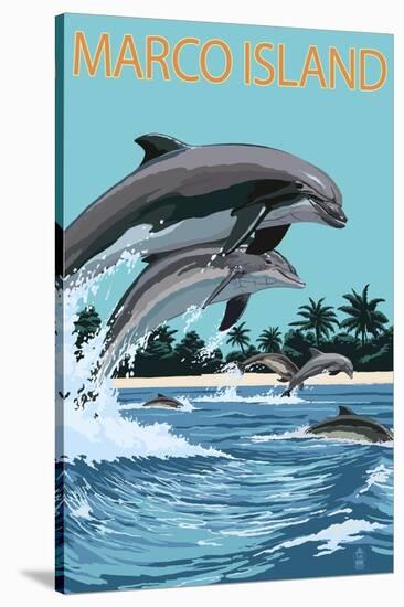 Marco Island - Dolphins Jumping-Lantern Press-Stretched Canvas