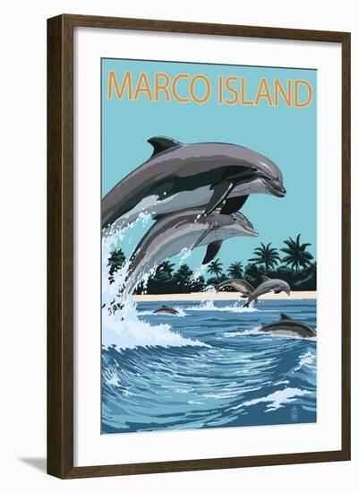 Marco Island - Dolphins Jumping-Lantern Press-Framed Art Print