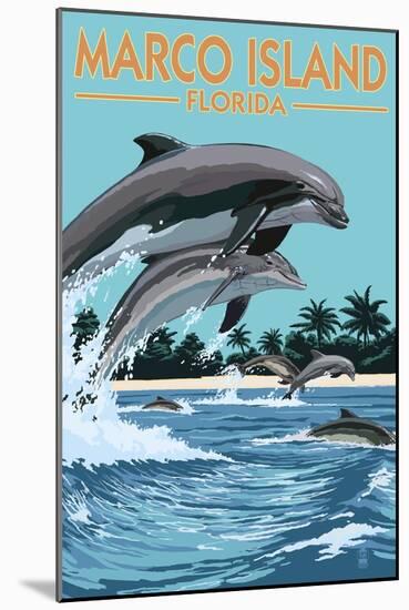 Marco Island, Florida - Dolphins Jumping-Lantern Press-Mounted Art Print