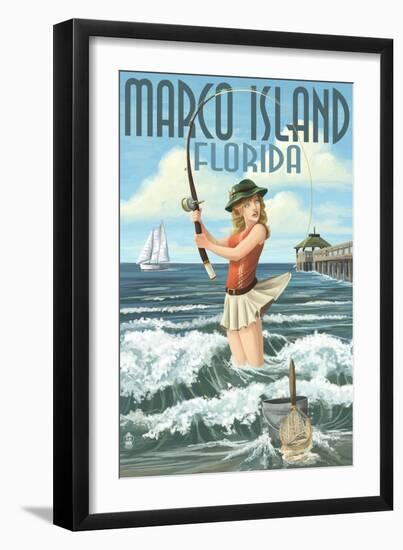 Marco Island, Florida - Pinup Girl Surf Fishing-Lantern Press-Framed Art Print