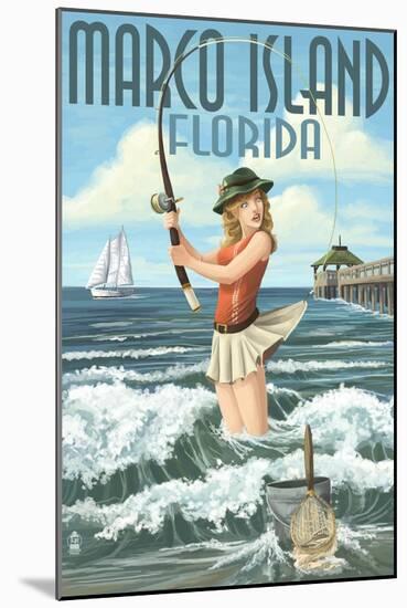 Marco Island, Florida - Pinup Girl Surf Fishing-Lantern Press-Mounted Art Print