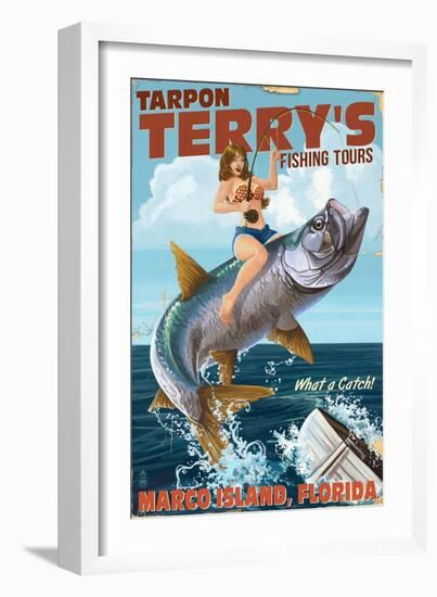 Marco Island, Florida - Pinup Girl Tarpon Fishing-Lantern Press-Framed Art Print