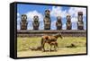 Mare Nursing Foal at the 15 Moai Restored Ceremonial Site of Ahu Tongariki-Michael-Framed Stretched Canvas