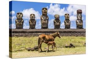 Mare Nursing Foal at the 15 Moai Restored Ceremonial Site of Ahu Tongariki-Michael-Stretched Canvas