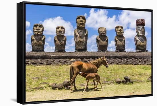 Mare Nursing Foal at the 15 Moai Restored Ceremonial Site of Ahu Tongariki-Michael-Framed Stretched Canvas