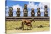 Mare Nursing Foal at the 15 Moai Restored Ceremonial Site of Ahu Tongariki-Michael-Stretched Canvas