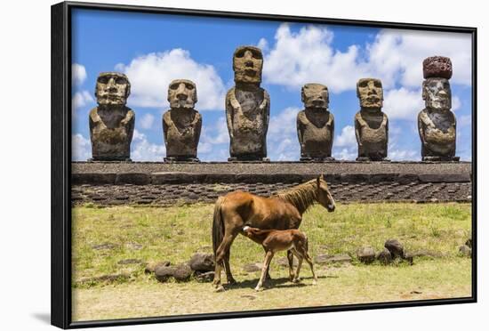 Mare Nursing Foal at the 15 Moai Restored Ceremonial Site of Ahu Tongariki-Michael-Framed Photographic Print