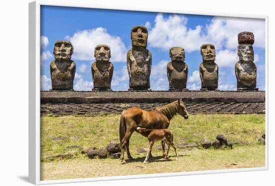 Mare Nursing Foal at the 15 Moai Restored Ceremonial Site of Ahu Tongariki-Michael-Framed Photographic Print