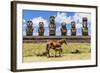 Mare Nursing Foal at the 15 Moai Restored Ceremonial Site of Ahu Tongariki-Michael-Framed Photographic Print