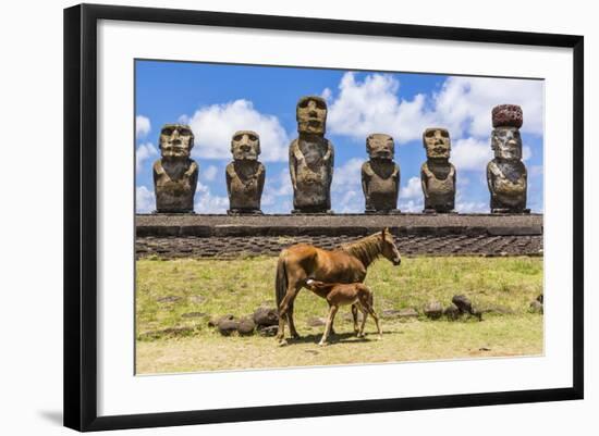 Mare Nursing Foal at the 15 Moai Restored Ceremonial Site of Ahu Tongariki-Michael-Framed Photographic Print