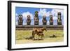 Mare Nursing Foal at the 15 Moai Restored Ceremonial Site of Ahu Tongariki-Michael-Framed Photographic Print