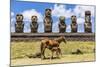 Mare Nursing Foal at the 15 Moai Restored Ceremonial Site of Ahu Tongariki-Michael-Mounted Photographic Print