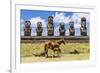 Mare Nursing Foal at the 15 Moai Restored Ceremonial Site of Ahu Tongariki-Michael-Framed Photographic Print