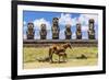 Mare Nursing Foal at the 15 Moai Restored Ceremonial Site of Ahu Tongariki-Michael-Framed Photographic Print