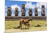 Mare Nursing Foal at the 15 Moai Restored Ceremonial Site of Ahu Tongariki-Michael-Mounted Photographic Print