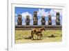 Mare Nursing Foal at the 15 Moai Restored Ceremonial Site of Ahu Tongariki-Michael-Framed Photographic Print