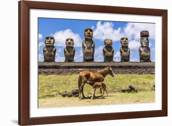 Mare Nursing Foal at the 15 Moai Restored Ceremonial Site of Ahu Tongariki-Michael-Framed Photographic Print