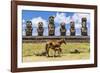 Mare Nursing Foal at the 15 Moai Restored Ceremonial Site of Ahu Tongariki-Michael-Framed Photographic Print