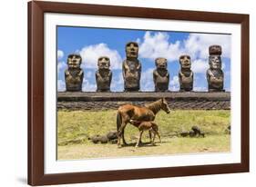 Mare Nursing Foal at the 15 Moai Restored Ceremonial Site of Ahu Tongariki-Michael-Framed Photographic Print