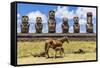 Mare Nursing Foal at the 15 Moai Restored Ceremonial Site of Ahu Tongariki-Michael-Framed Stretched Canvas