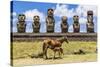 Mare Nursing Foal at the 15 Moai Restored Ceremonial Site of Ahu Tongariki-Michael-Stretched Canvas