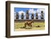 Mare Nursing Foal at the 15 Moai Restored Ceremonial Site of Ahu Tongariki-Michael-Framed Photographic Print