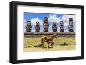 Mare Nursing Foal at the 15 Moai Restored Ceremonial Site of Ahu Tongariki-Michael-Framed Photographic Print