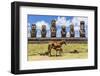 Mare Nursing Foal at the 15 Moai Restored Ceremonial Site of Ahu Tongariki-Michael-Framed Photographic Print