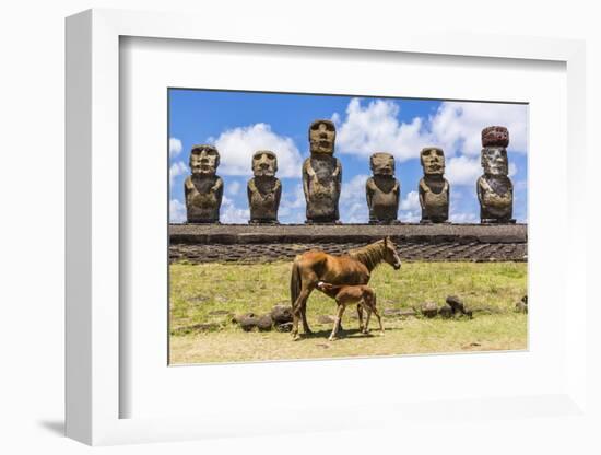 Mare Nursing Foal at the 15 Moai Restored Ceremonial Site of Ahu Tongariki-Michael-Framed Photographic Print