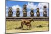 Mare Nursing Foal at the 15 Moai Restored Ceremonial Site of Ahu Tongariki-Michael-Mounted Photographic Print