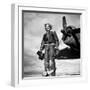 Margaret Bourke-White in Flight Suit, Holding Aerial Camera in Front of Flying Fortress Bomber-Margaret Bourke-White-Framed Premium Photographic Print